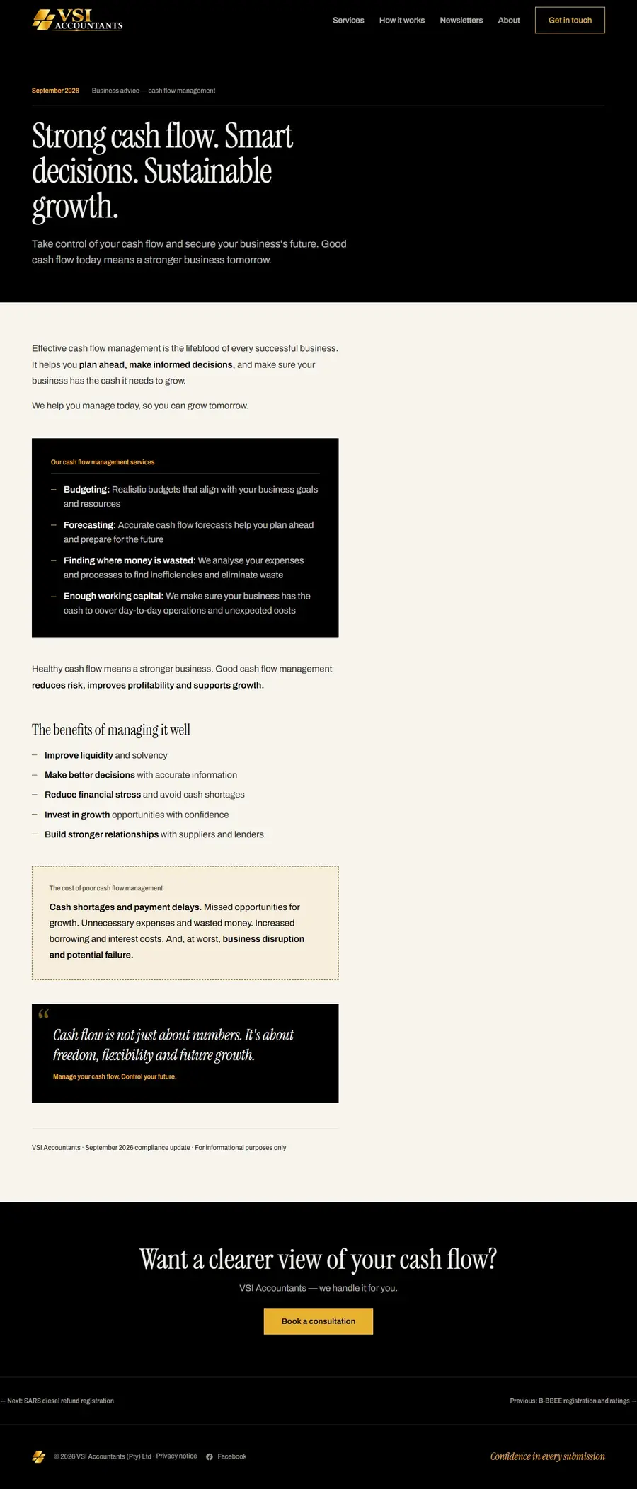 A VSI newsletter issue from September 2026 on cash flow management